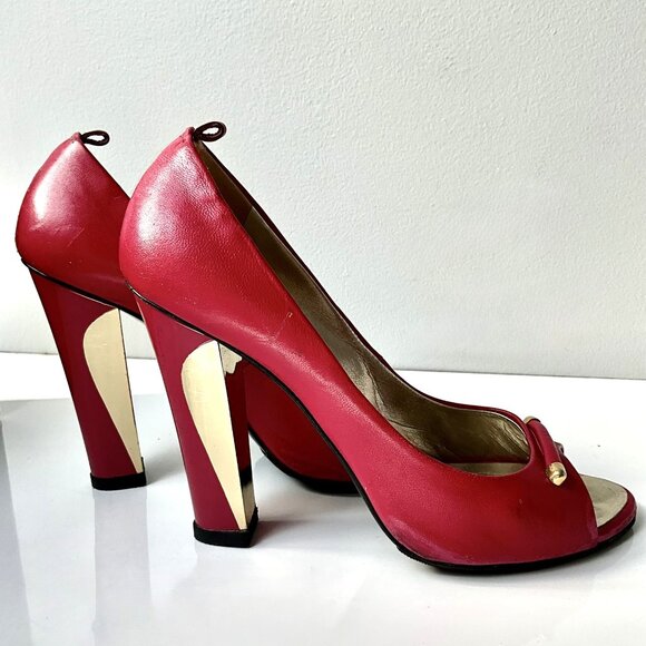 Roberto Cavalli Red Leather Peep Toe Heels Sandals Size EU 38 Italy - Picture 4 of 7